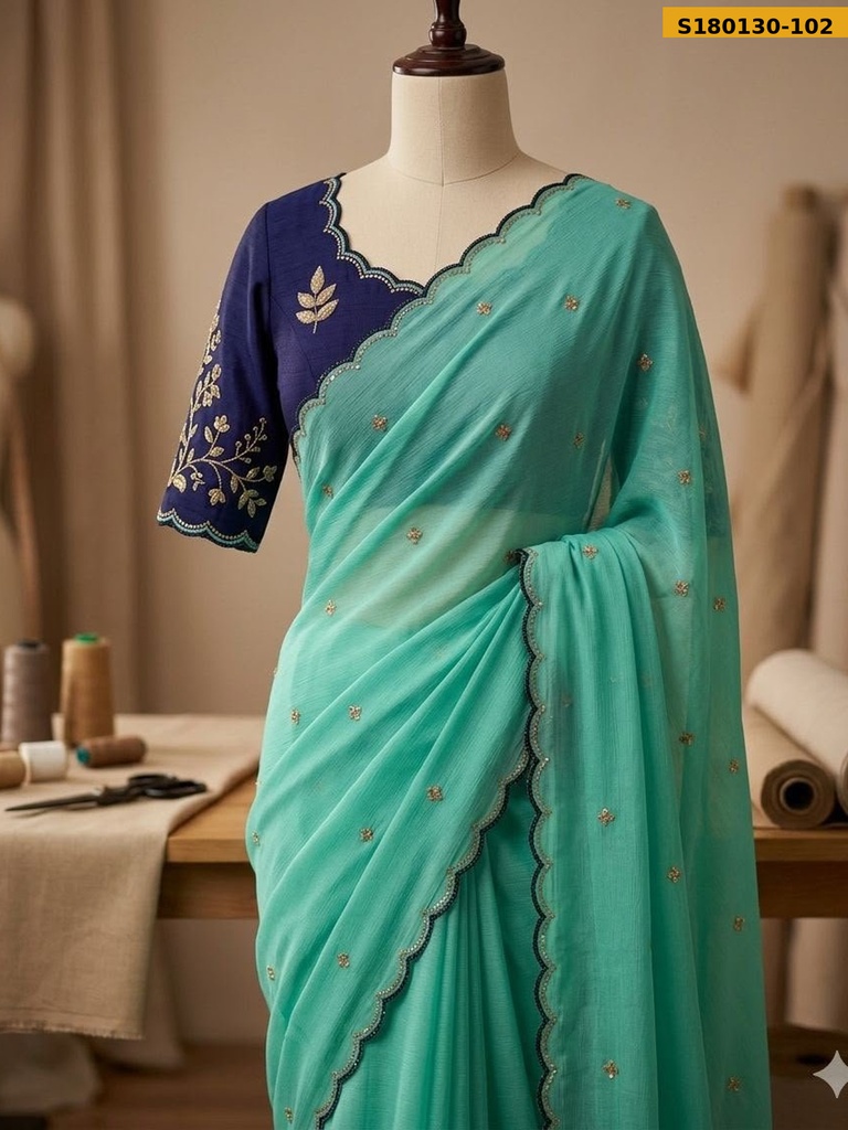 Fancy Chinnon Silk Embroidery Saree