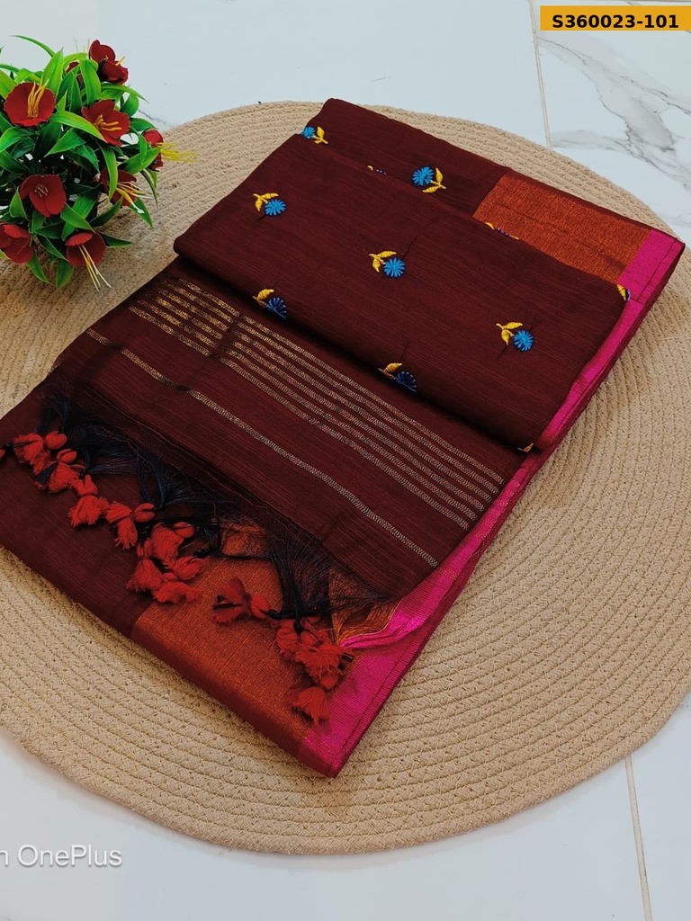 Slub Khadi Flower Embroidery Saree