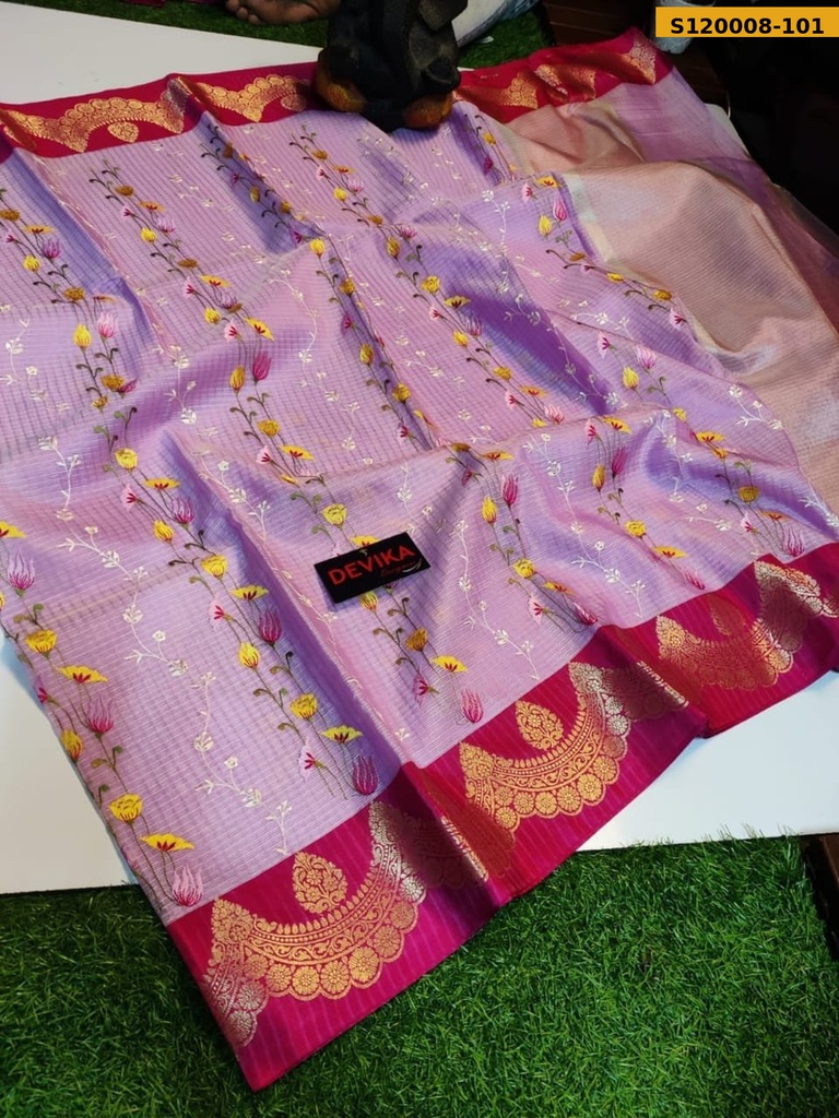 Banarasi Check Embroidery Soft Silk Saree