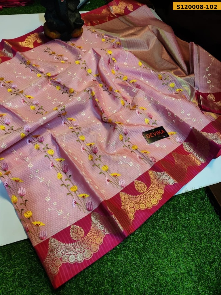 Banarasi Check Embroidery Soft Silk Saree
