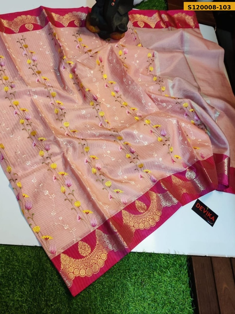 Banarasi Check Embroidery Soft Silk Saree