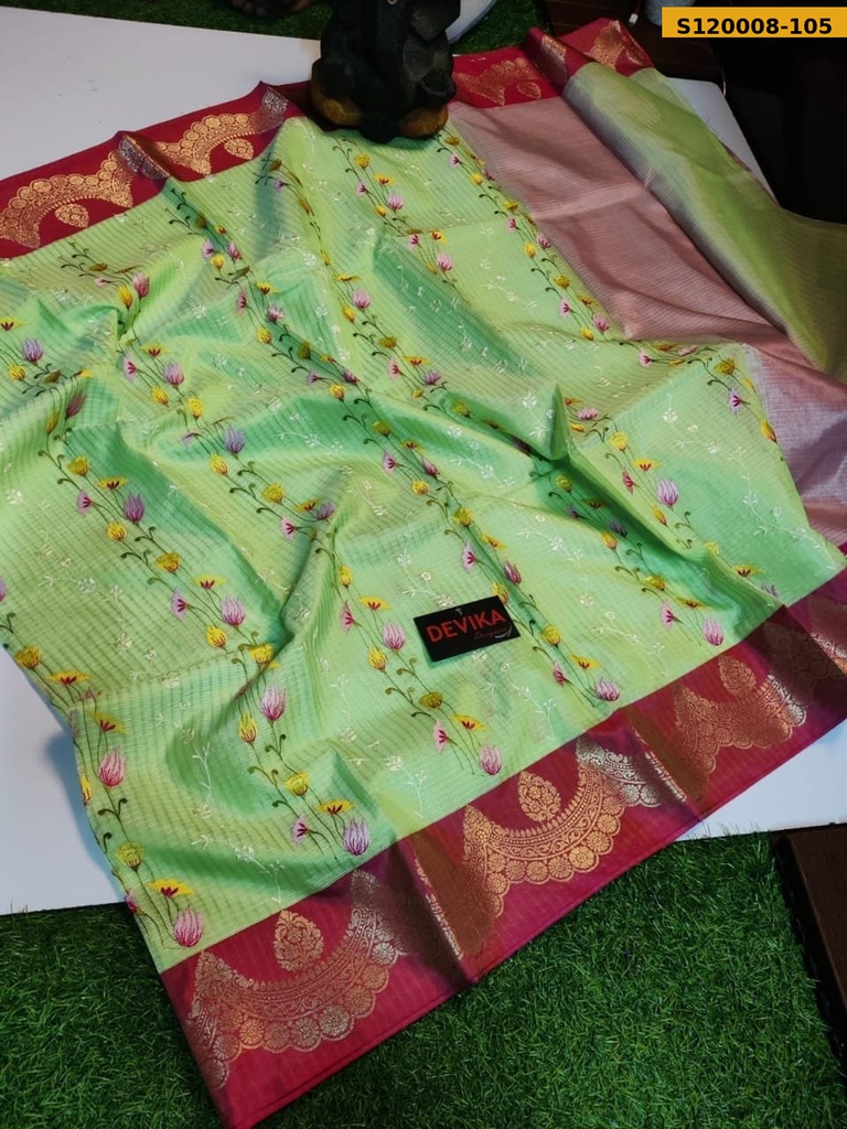 Banarasi Check Embroidery Soft Silk Saree