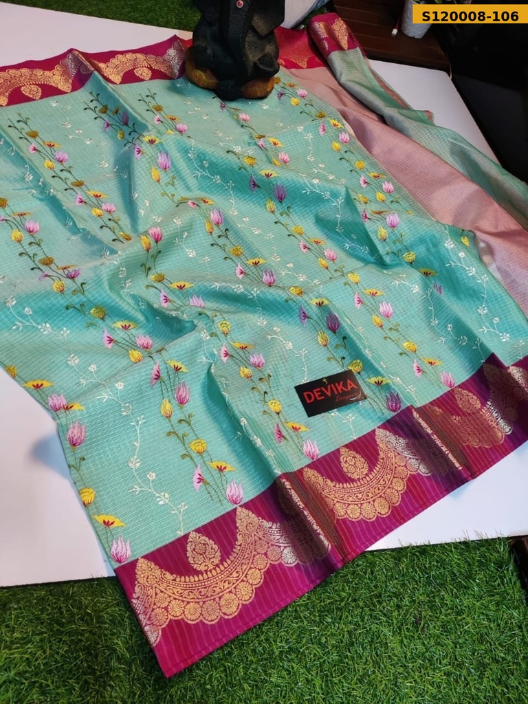 Banarasi Check Embroidery Soft Silk Saree