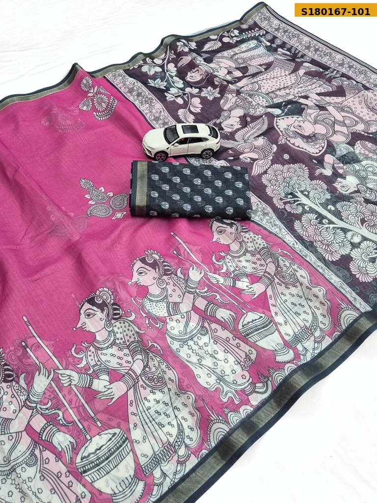 Fancy Linen Digital Kalamkari Printed Saree