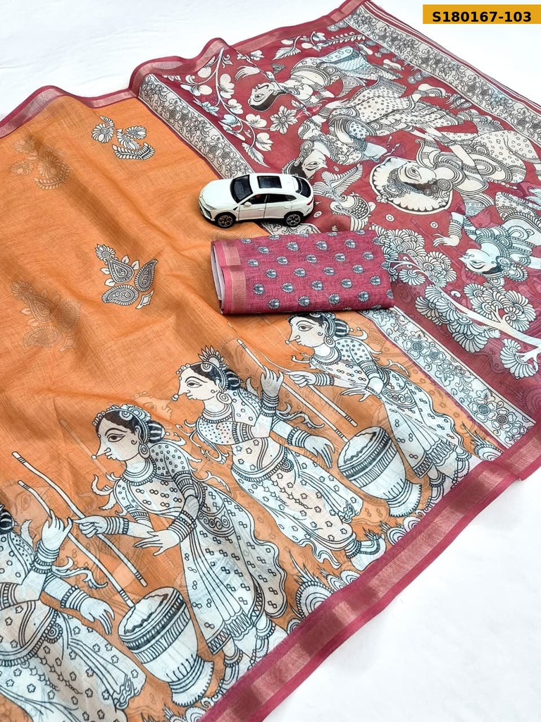 Fancy Linen Digital Kalamkari Printed Saree