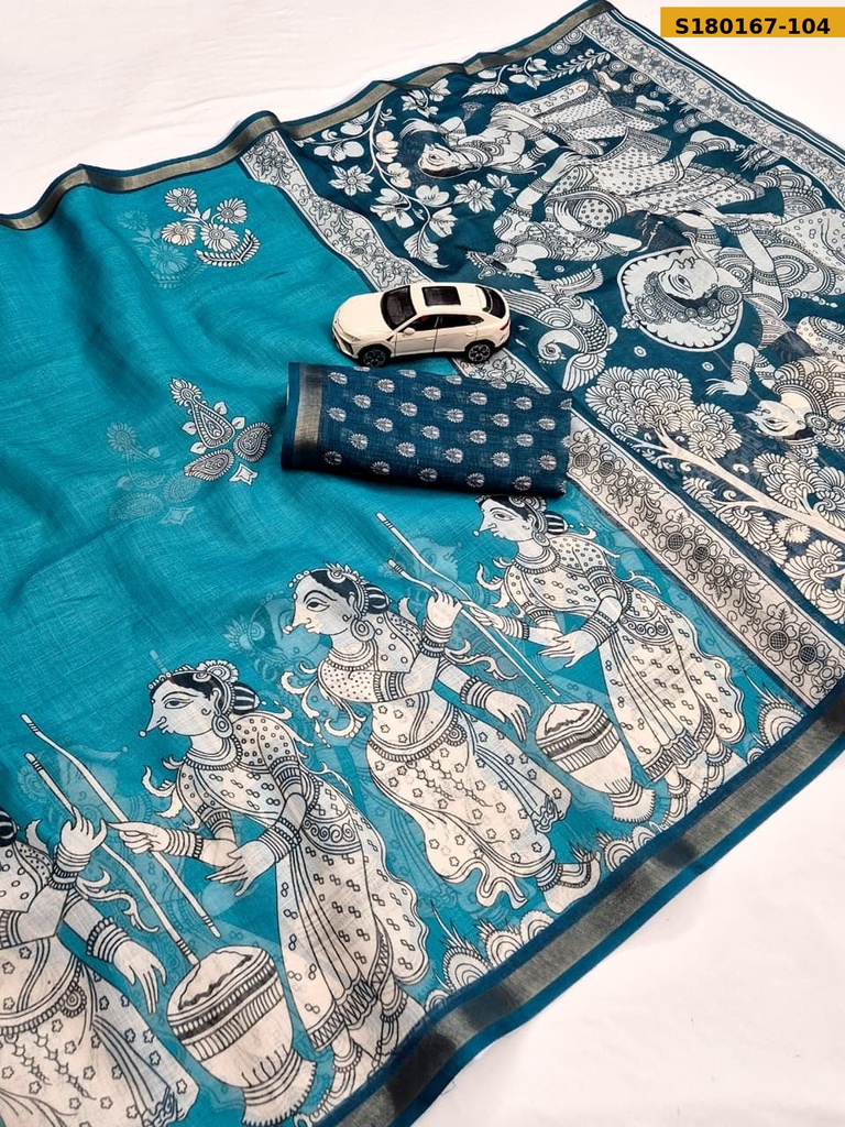 Fancy Linen Digital Kalamkari Printed Saree