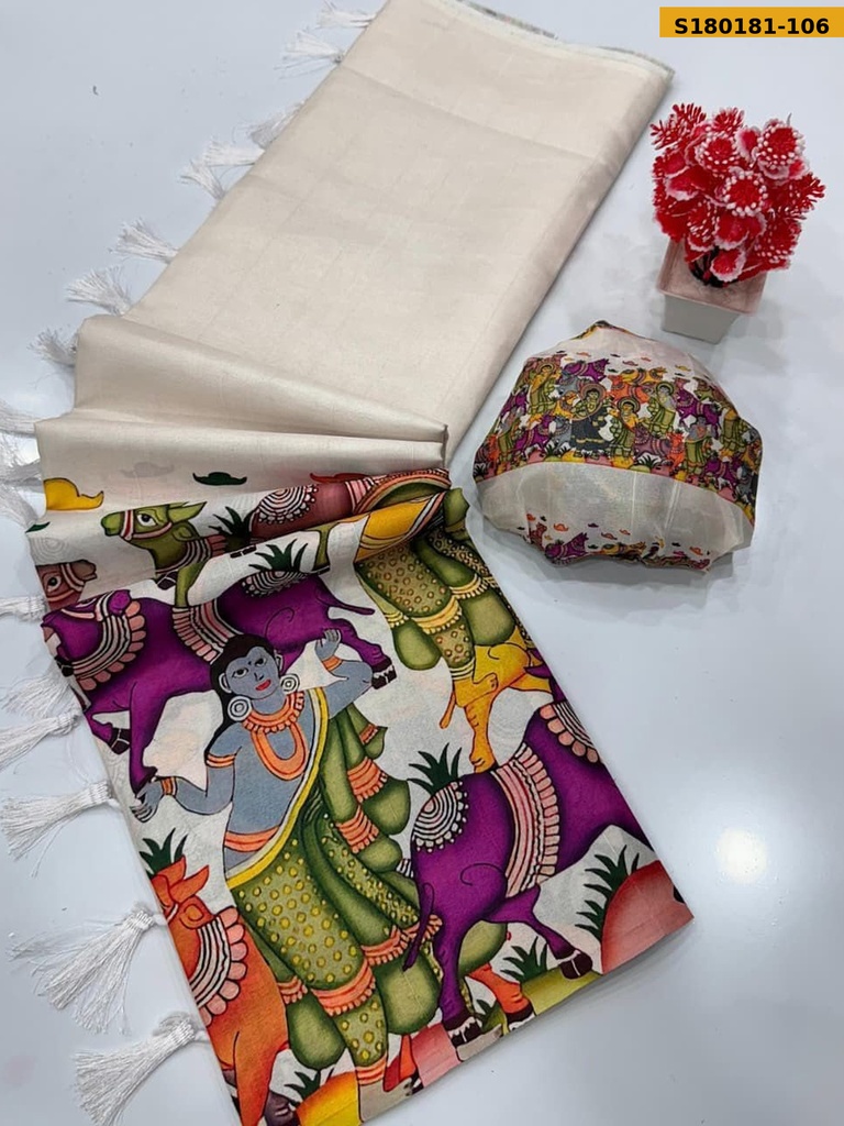 Fancy Tussar Silk Kalamkari Printed Saree
