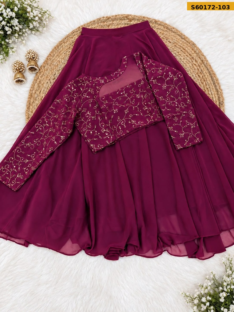 Fancy Georgette Embroidered Crop Top & Flared Skirt Set