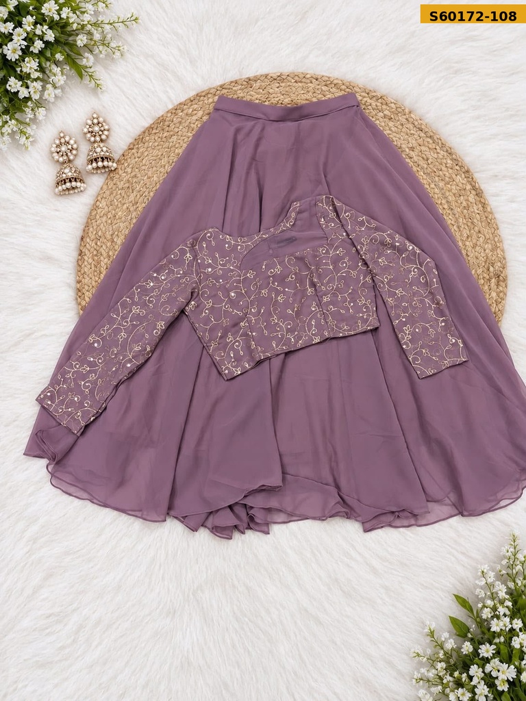 Fancy Georgette Embroidered Crop Top & Flared Skirt Set