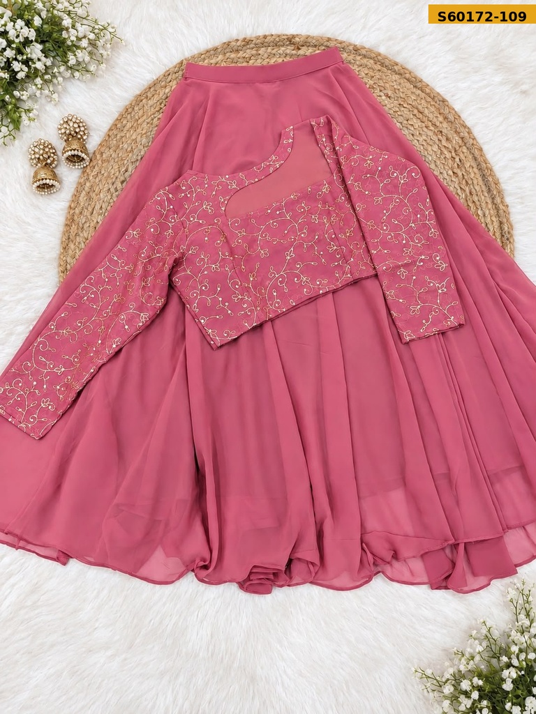 Fancy Georgette Embroidered Crop Top & Flared Skirt Set