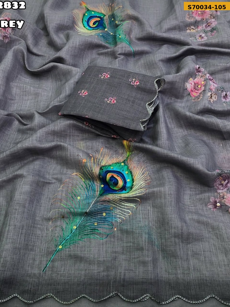 Fancy Soft Linen Floral Digital Printed Saree